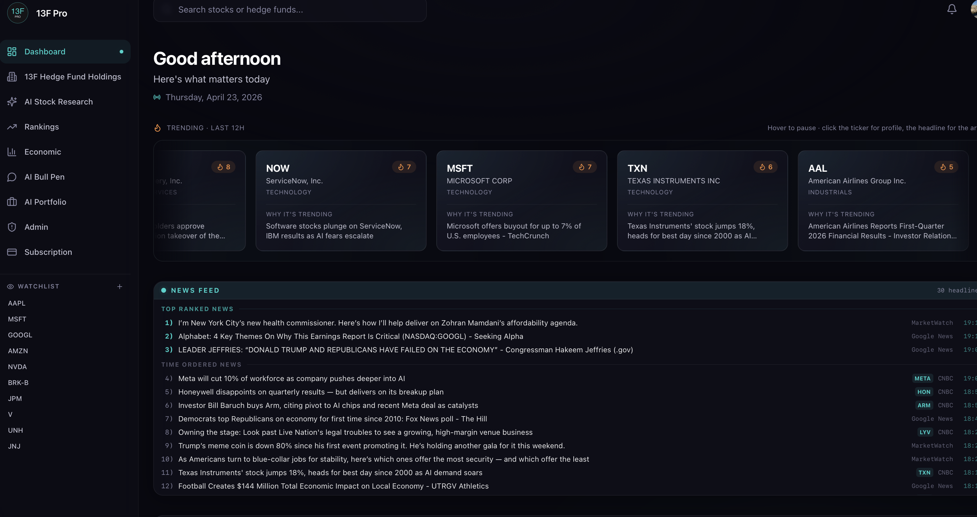 13F Pro dashboard showing trending tickers with price moves, curated news feed with SEC filings, and market history